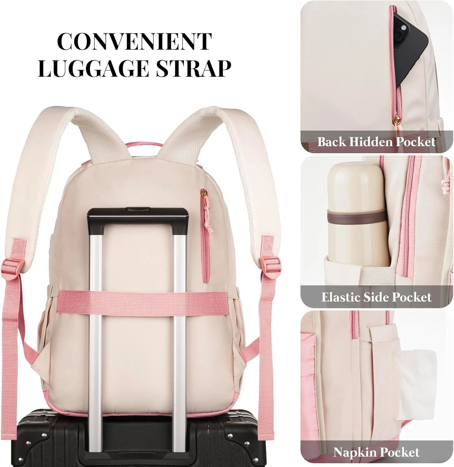 School Backpack for Teens Girls, Aesthetic College Backpack Large Bookbag for Women Students Fashion 15.6 Inch Laptop Bag for Work Travel (Pink Beige)