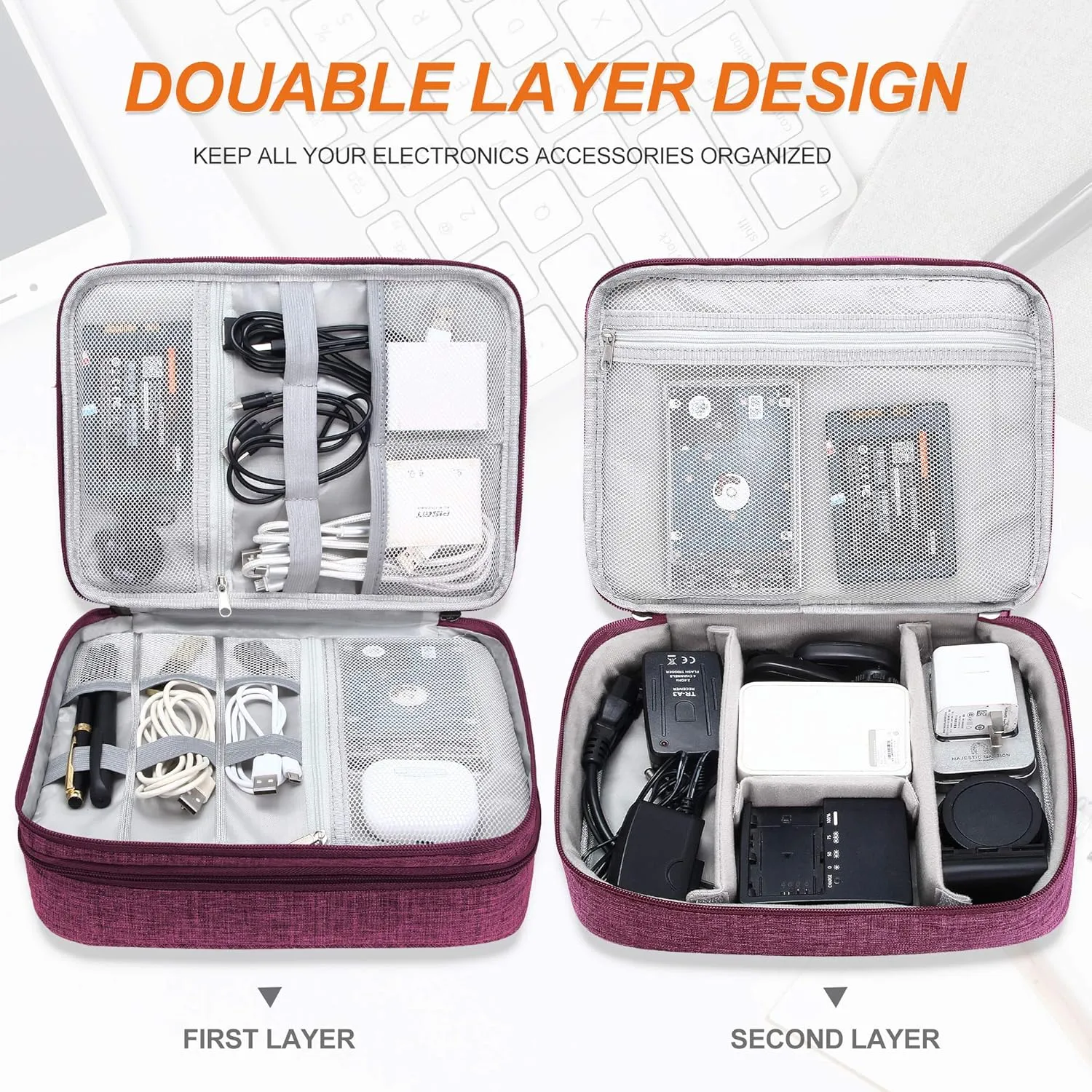 SELLYFELLY Electronic Bag Travel Cable Accessories Bag Waterproof Double Layer Electronics Organizer Portable Storage Case for Cable, Cord, Charger, Phone, Adapter, Power Bank, Kindle, Hard Drives