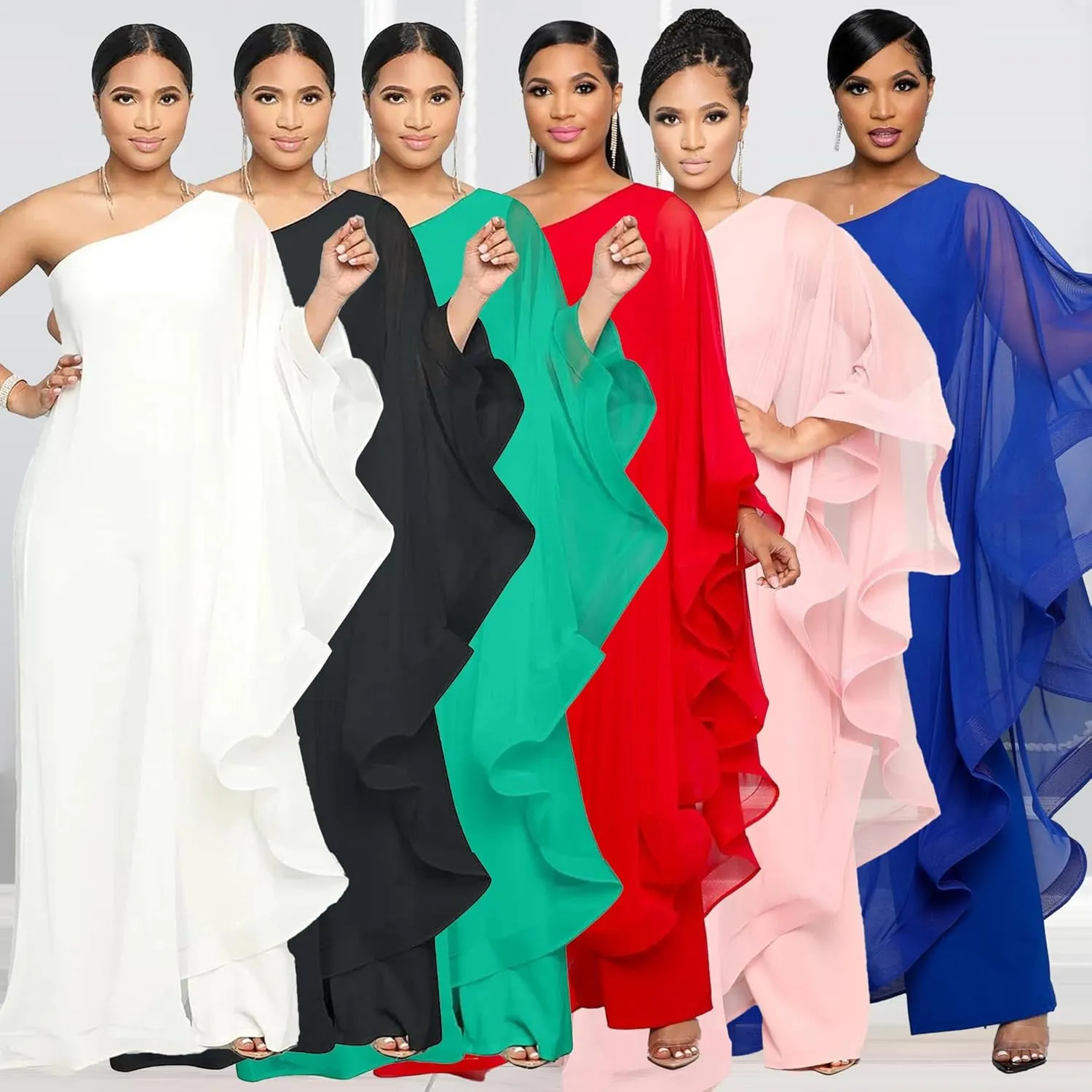 Sexy Jumpsuits for Women One Shoulder Ruffle Patchwork Elastic Wide Leg Long Pants Elegant Jumpsuit Rompers