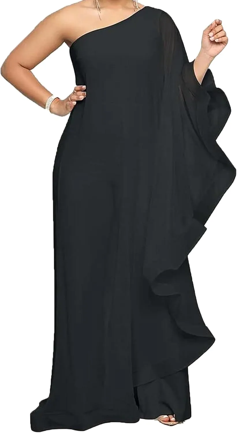 Sexy Jumpsuits for Women One Shoulder Ruffle Patchwork Elastic Wide Leg Long Pants Elegant Jumpsuit Rompers