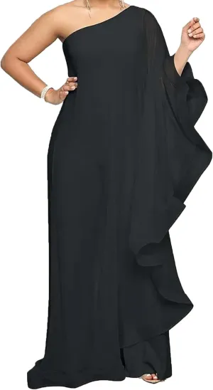Sexy Jumpsuits for Women One Shoulder Ruffle Patchwork Elastic Wide Leg Long Pants Elegant Jumpsuit Rompers