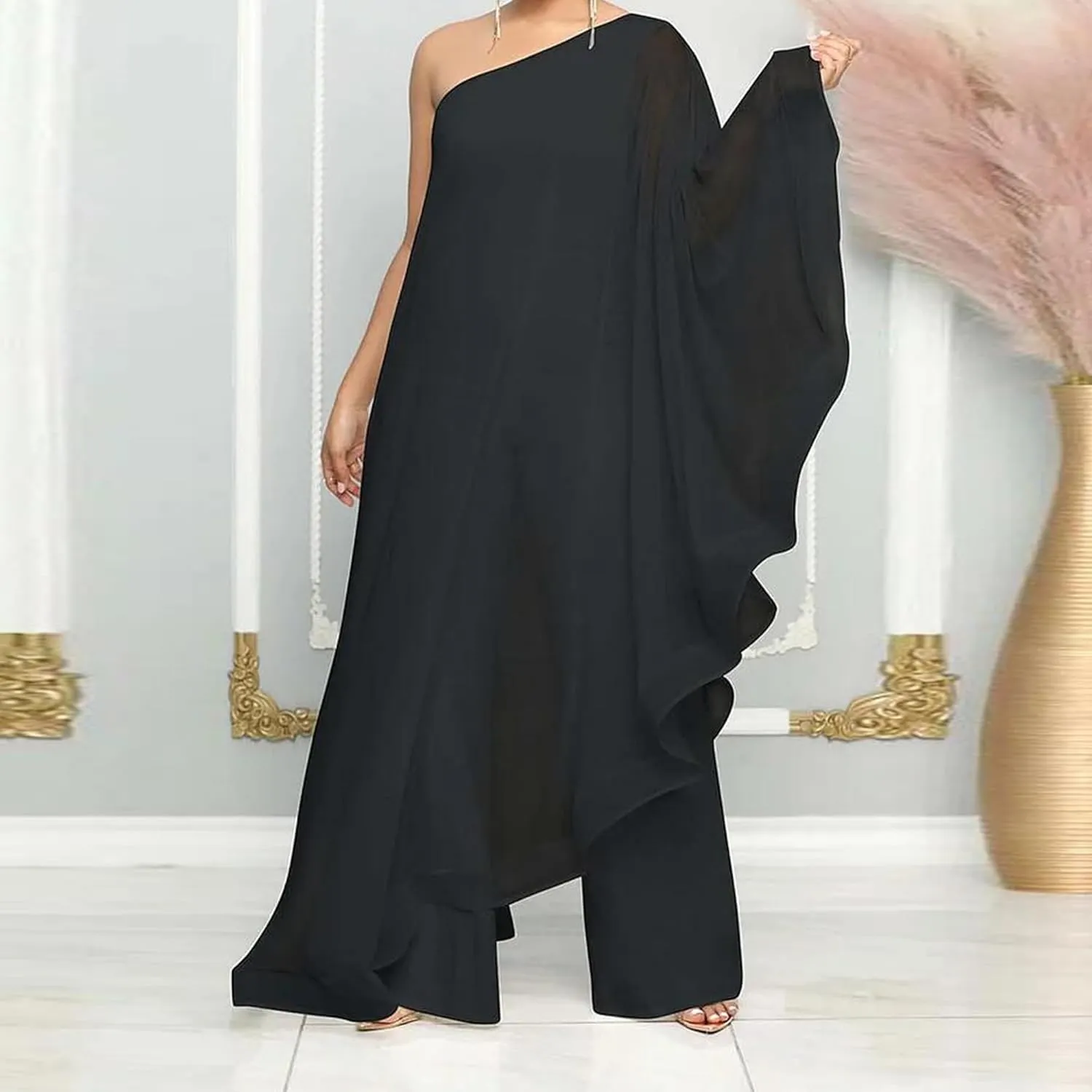 Sexy Jumpsuits for Women One Shoulder Ruffle Patchwork Elastic Wide Leg Long Pants Elegant Jumpsuit Rompers