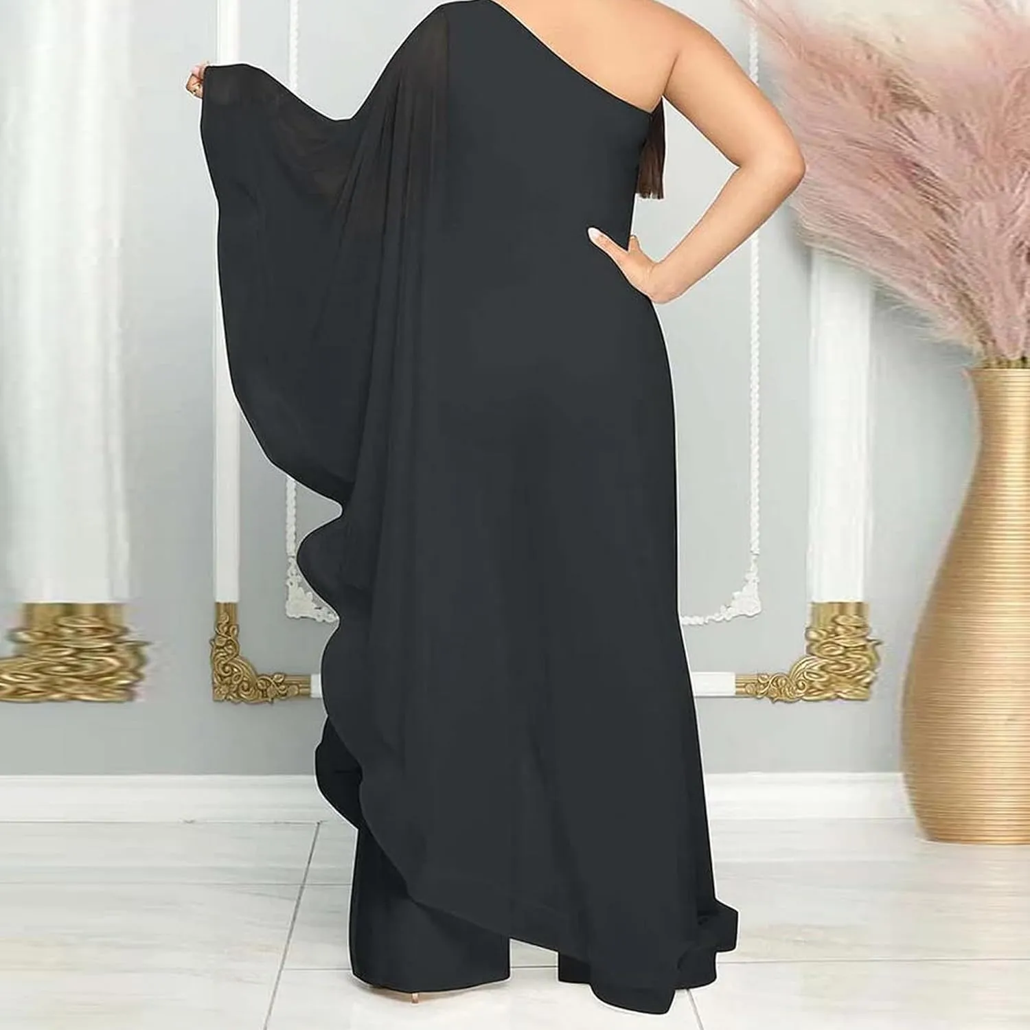Sexy Jumpsuits for Women One Shoulder Ruffle Patchwork Elastic Wide Leg Long Pants Elegant Jumpsuit Rompers