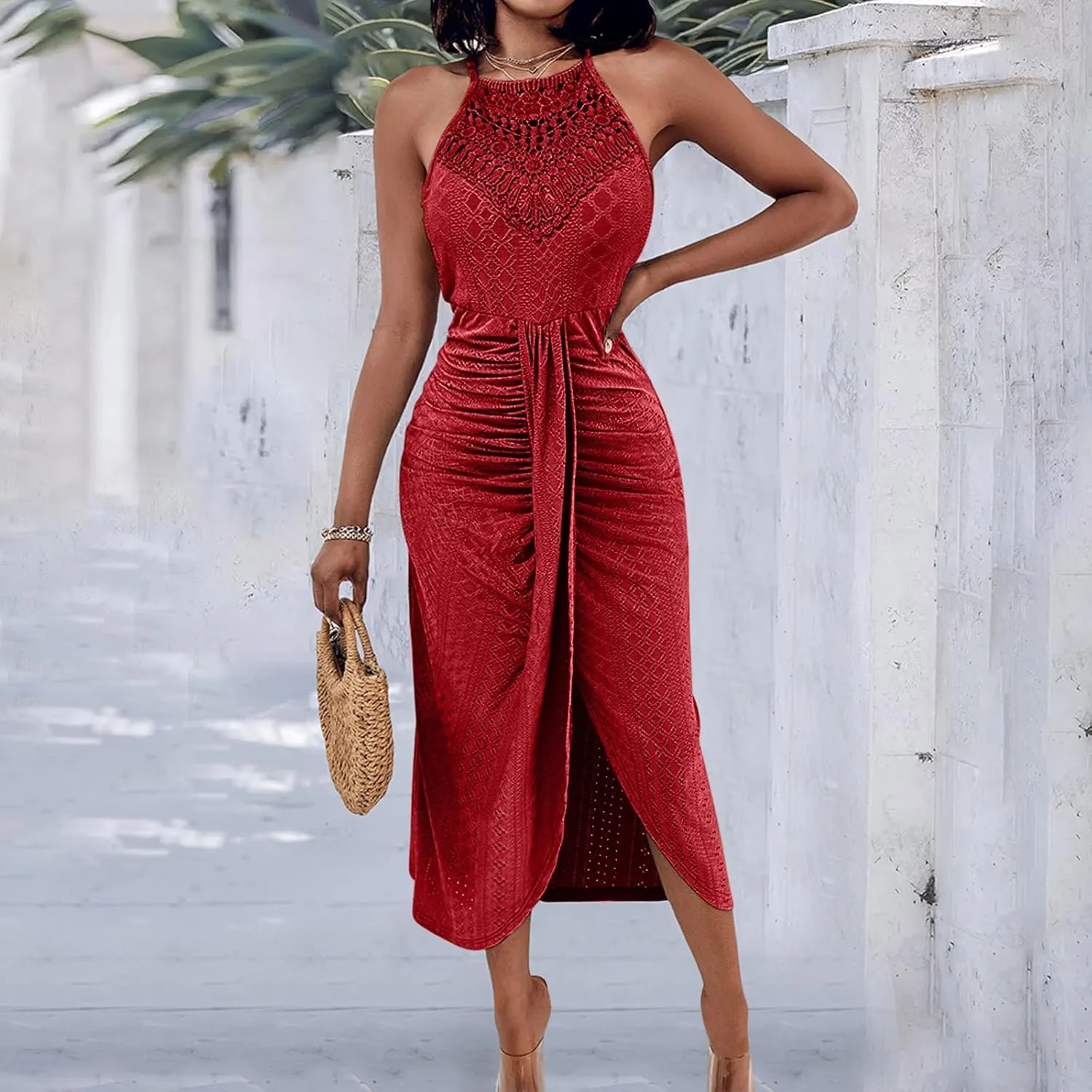 Sexy Prints Dress for Women Front Split Straps Sleeveless Midi Skirt Slimming Round Neck Pleated Dresses Cocktail