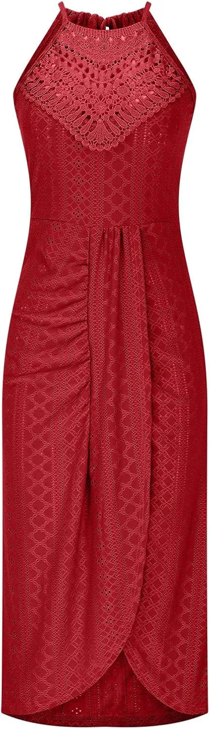 Sexy Prints Dress for Women Front Split Straps Sleeveless Midi Skirt Slimming Round Neck Pleated Dresses Cocktail