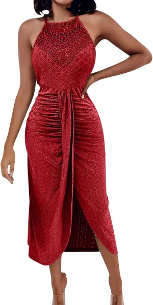 Sexy Prints Dress for Women Front Split Straps Sleeveless Midi Skirt Slimming Round Neck Pleated Dresses Cocktail