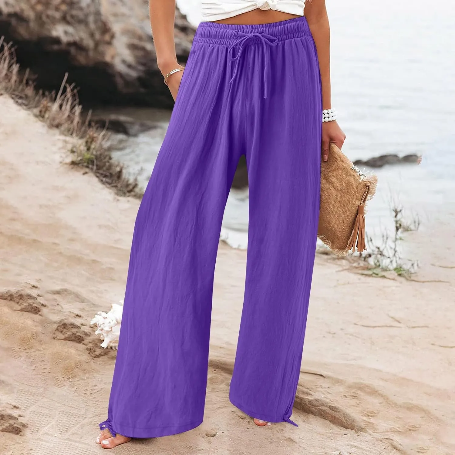 SHAOBGE Summer Pants for Women 2024 Womens Cotton Casual Loose Pants Comfy Work Pants with Elastic Trendy Pants