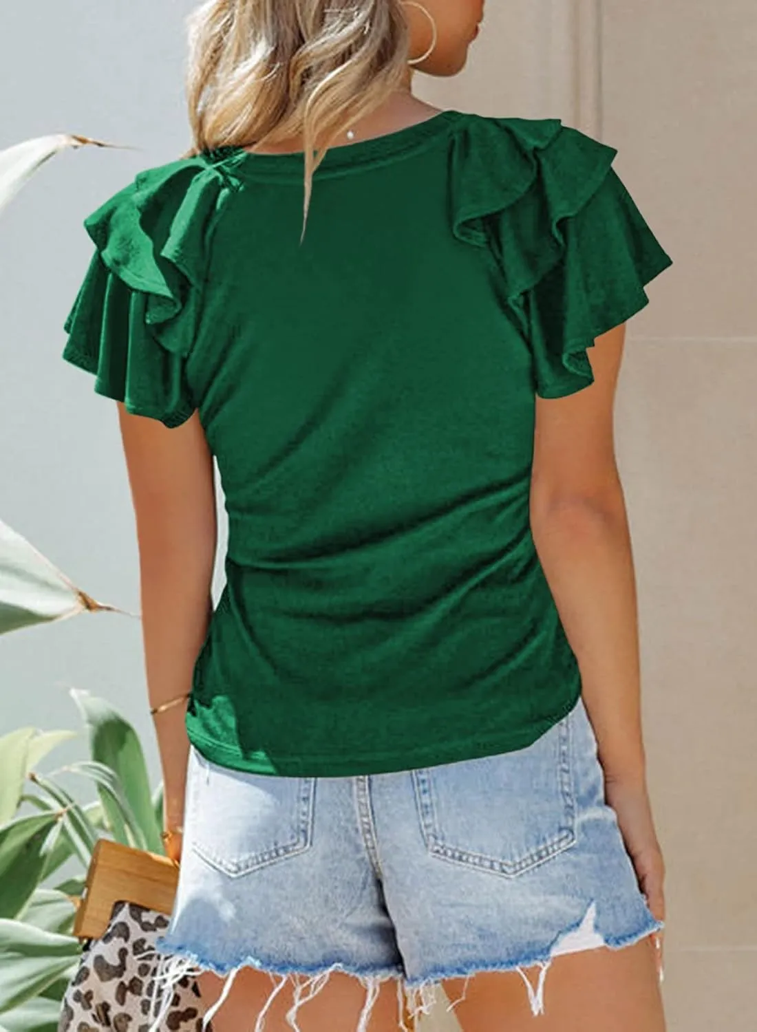 SHEWIN Womens Summer Tops Ruffle Short Sleeve T Shirts Casual Slim Fit