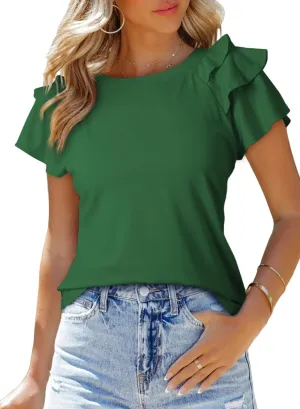 SHEWIN Womens Summer Tops Ruffle Short Sleeve T Shirts Casual Slim Fit