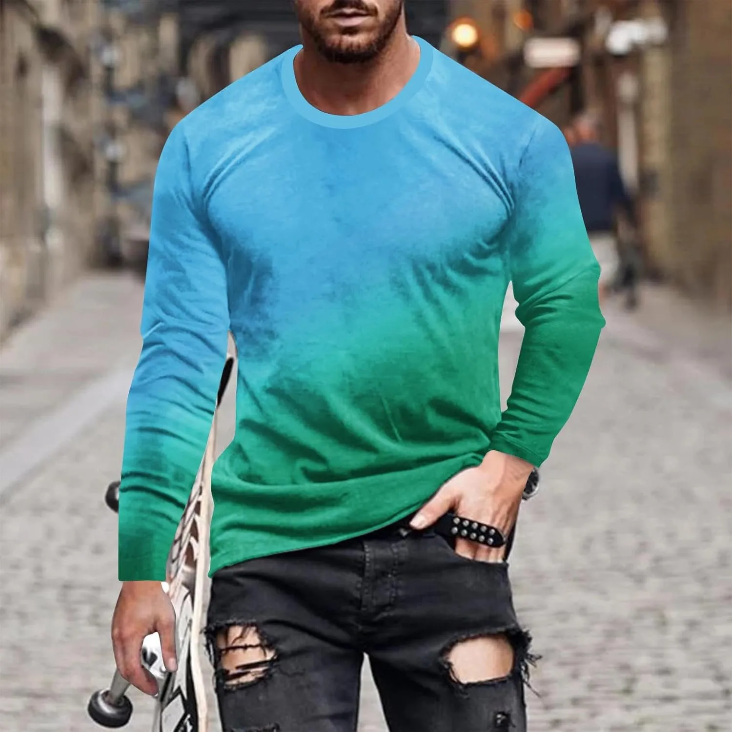 Shirts for Men Long Sleeve Casual Loose Gradient Color Print Crewneck Sweatshirt Lightweight Gym Workout Pullover Top