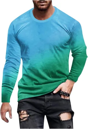 Shirts for Men Long Sleeve Casual Loose Gradient Color Print Crewneck Sweatshirt Lightweight Gym Workout Pullover Top