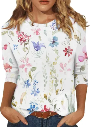 Shirts for Women Summer 3/4 Sleeve Crew Neck Printed Baggy Tops Holiday Dressy Casual Three Quarter Cute Womens Tops