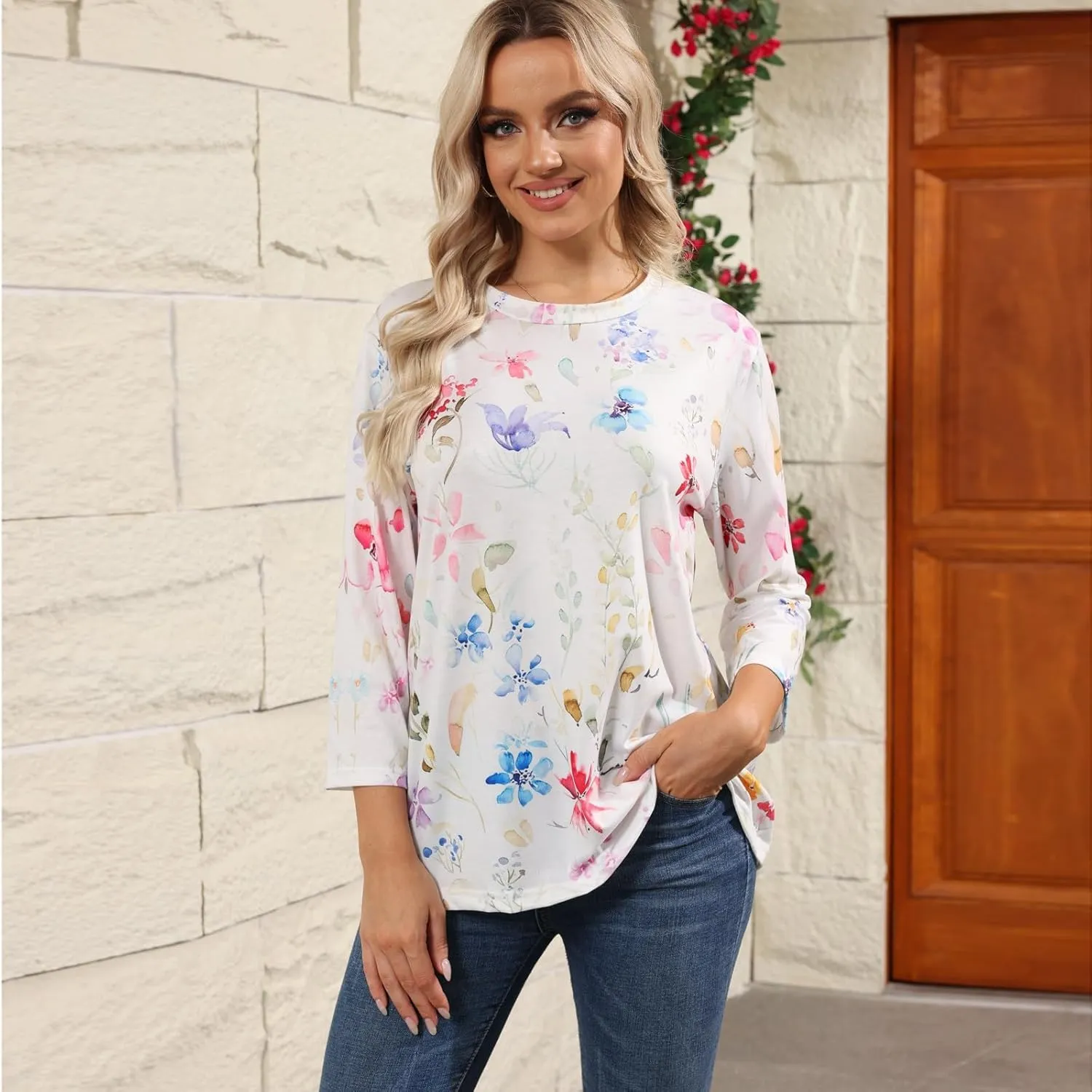 Shirts for Women Summer 3/4 Sleeve Crew Neck Printed Baggy Tops Holiday Dressy Casual Three Quarter Cute Womens Tops