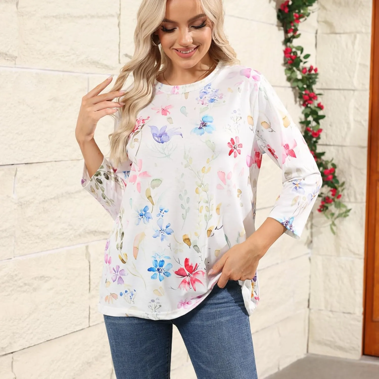 Shirts for Women Summer 3/4 Sleeve Crew Neck Printed Baggy Tops Holiday Dressy Casual Three Quarter Cute Womens Tops