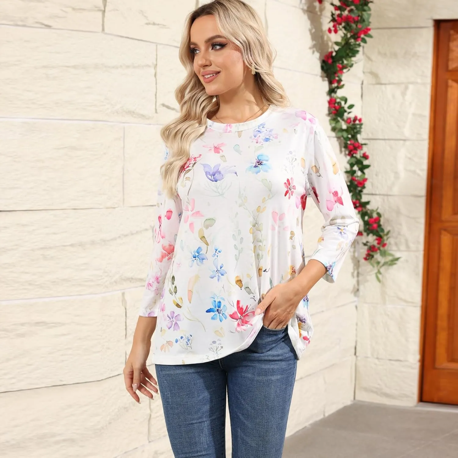 Shirts for Women Summer 3/4 Sleeve Crew Neck Printed Baggy Tops Holiday Dressy Casual Three Quarter Cute Womens Tops