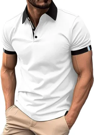 Short Sleeve Classic Polo Shirts for Men 3 Button V-Neck Golf Shirt Solid Color Athletic Business Work Gym Basic Tees