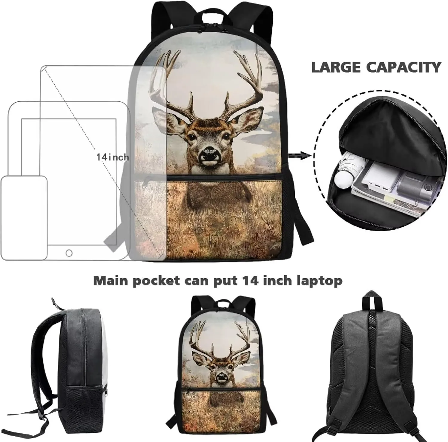 Showudesigns Hunting forest Deer School Backpack for Boys 8-12 12-14 Kids Bookbag Elementary Middle School Bags Back Pack with Water Bottle Holder 17inch Laptop Bag Rucksack