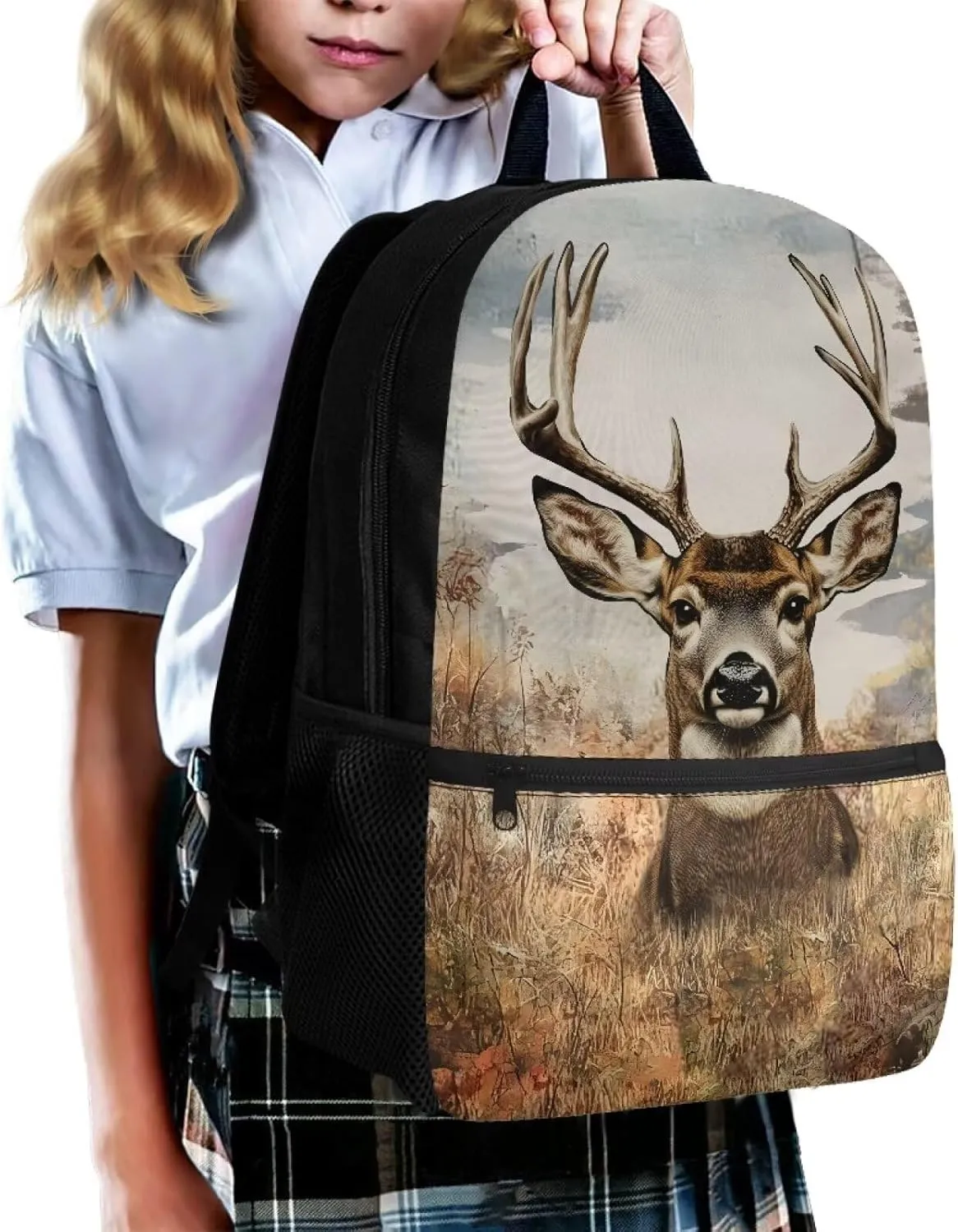 Showudesigns Hunting forest Deer School Backpack for Boys 8-12 12-14 Kids Bookbag Elementary Middle School Bags Back Pack with Water Bottle Holder 17inch Laptop Bag Rucksack