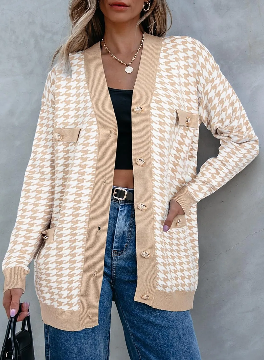 Sidefeel Women's Cardigan Sweaters Open Front Button Down Plaid Chunky Knit Jackets with Pockets