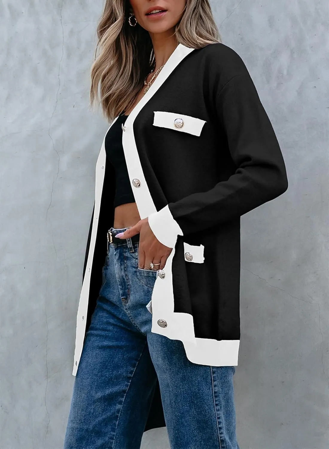 Sidefeel Women's Cardigan Sweaters Open Front Button Down Plaid Chunky Knit Jackets with Pockets