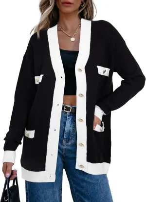 Sidefeel Women's Cardigan Sweaters Open Front Button Down Plaid Chunky Knit Jackets with Pockets