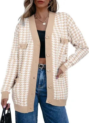 Sidefeel Women's Cardigan Sweaters Open Front Button Down Plaid Chunky Knit Jackets with Pockets