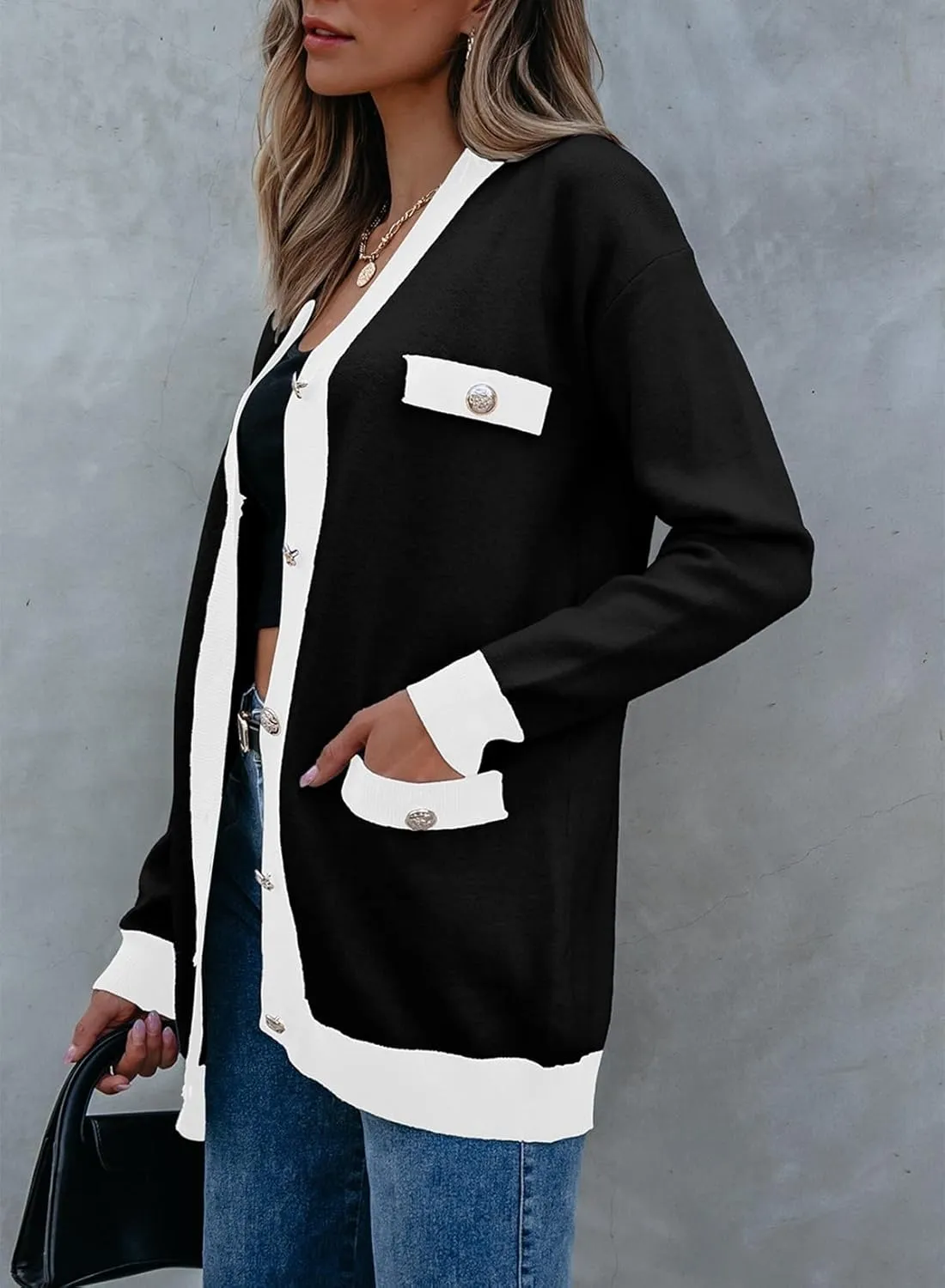 Sidefeel Women's Cardigan Sweaters Open Front Button Down Plaid Chunky Knit Jackets with Pockets