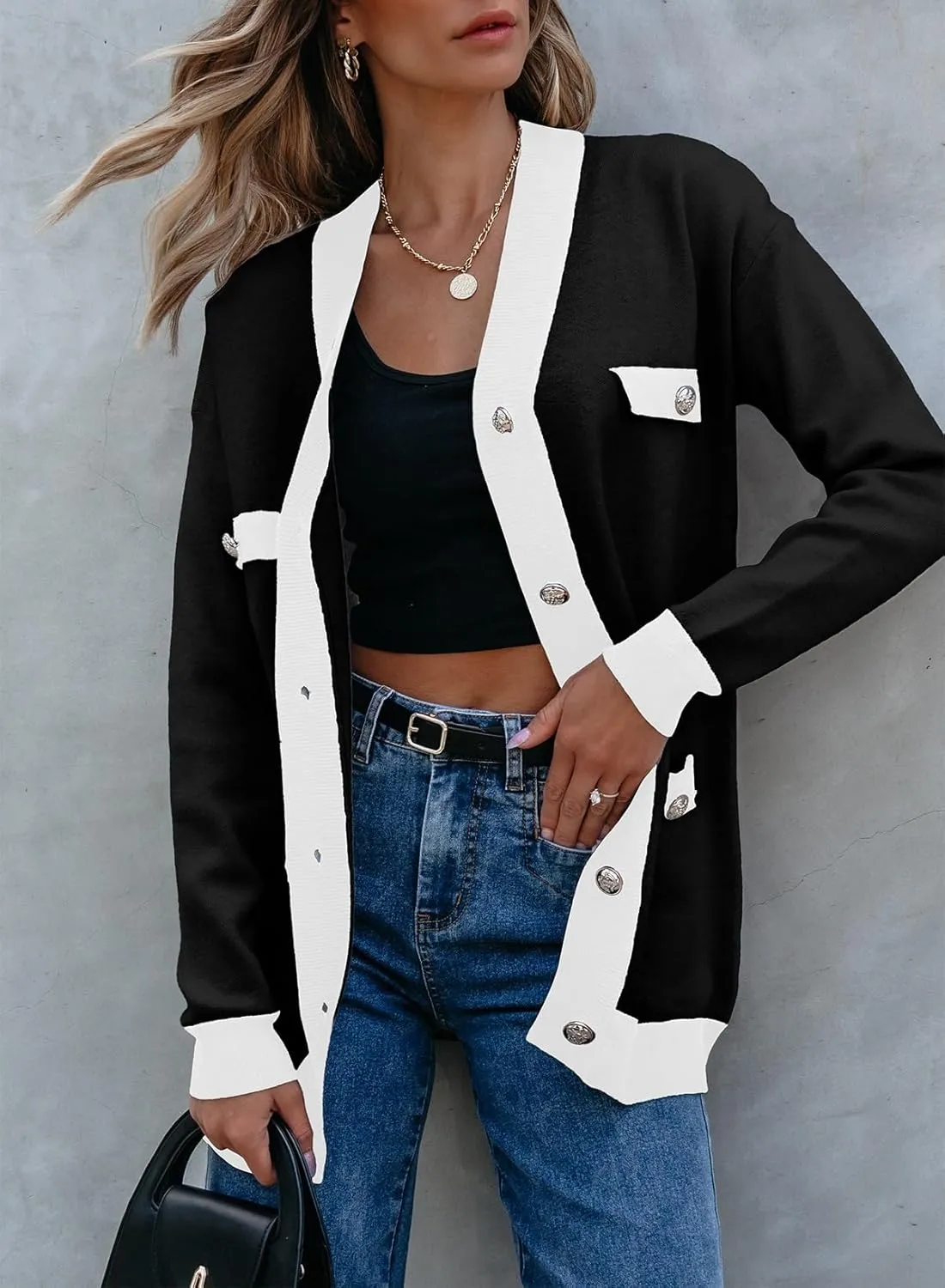 Sidefeel Women's Cardigan Sweaters Open Front Button Down Plaid Chunky Knit Jackets with Pockets