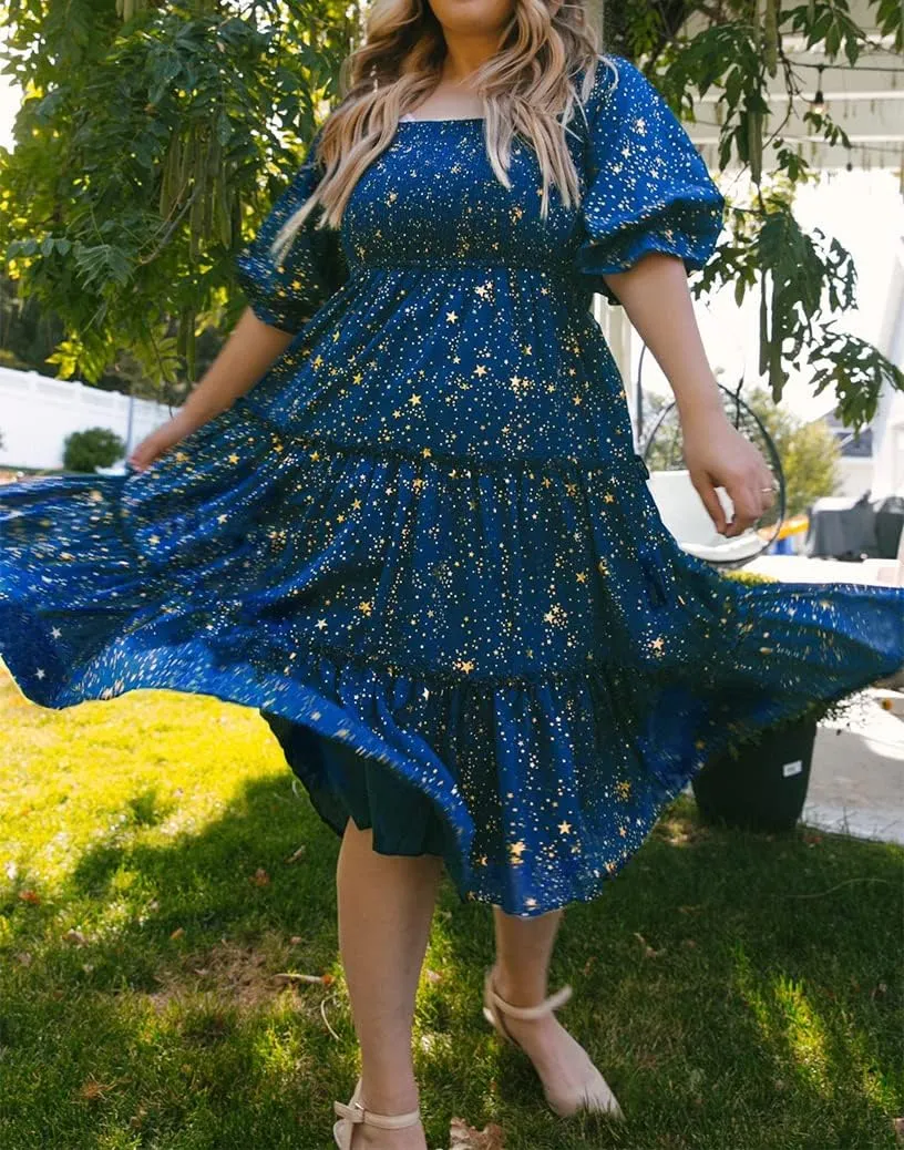 Sister Amy Women's Boho Floral Print Square Neck Beach Party Flowy Ruffle Midi Dress