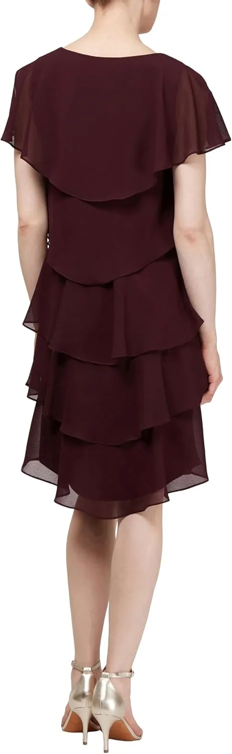 S.L. Fashions Women's Short Sleeve Tiered Chiffon Cocktail Dress, Wedding Guest Gown (Petite and Regular Sizes)