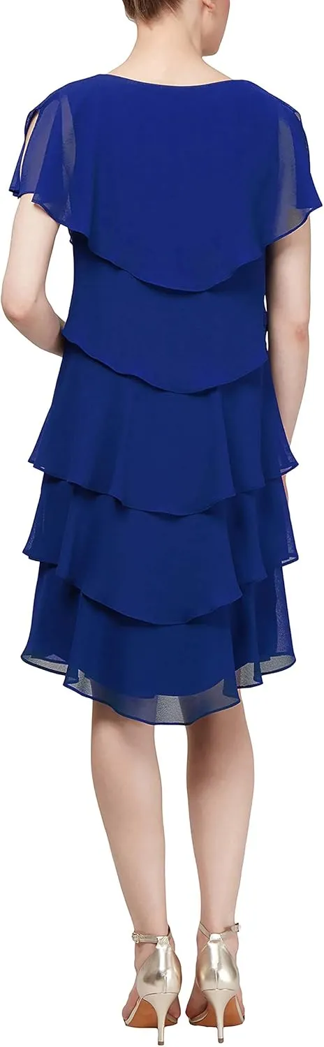 S.L. Fashions Women's Short Sleeve Tiered Chiffon Cocktail Dress, Wedding Guest Gown (Petite and Regular Sizes)
