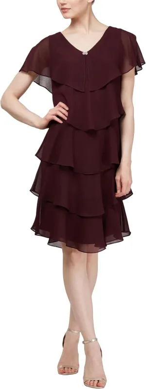 S.L. Fashions Women's Short Sleeve Tiered Chiffon Cocktail Dress, Wedding Guest Gown (Petite and Regular Sizes)