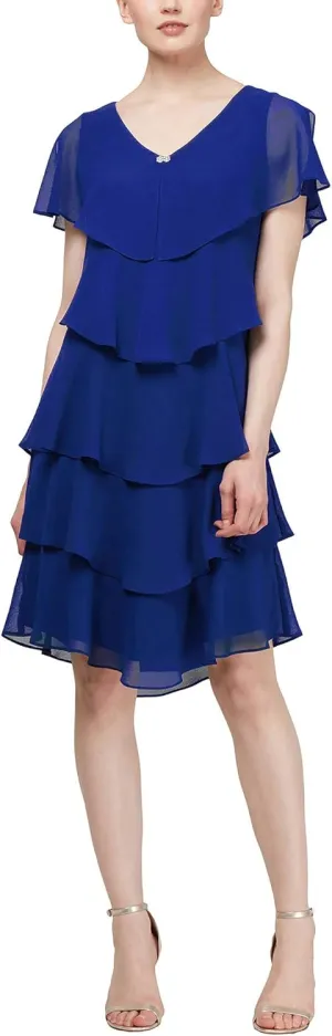 S.L. Fashions Women's Short Sleeve Tiered Chiffon Cocktail Dress, Wedding Guest Gown (Petite and Regular Sizes)