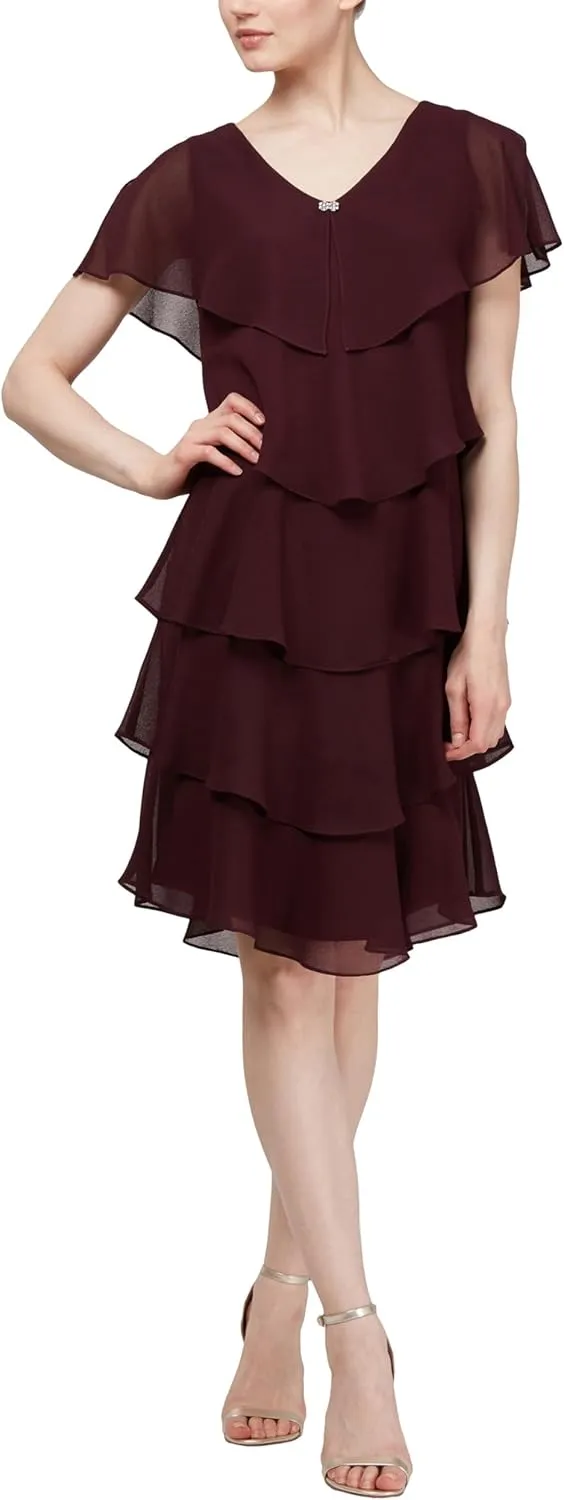 S.L. Fashions Women's Short Sleeve Tiered Chiffon Cocktail Dress, Wedding Guest Gown (Petite and Regular Sizes)