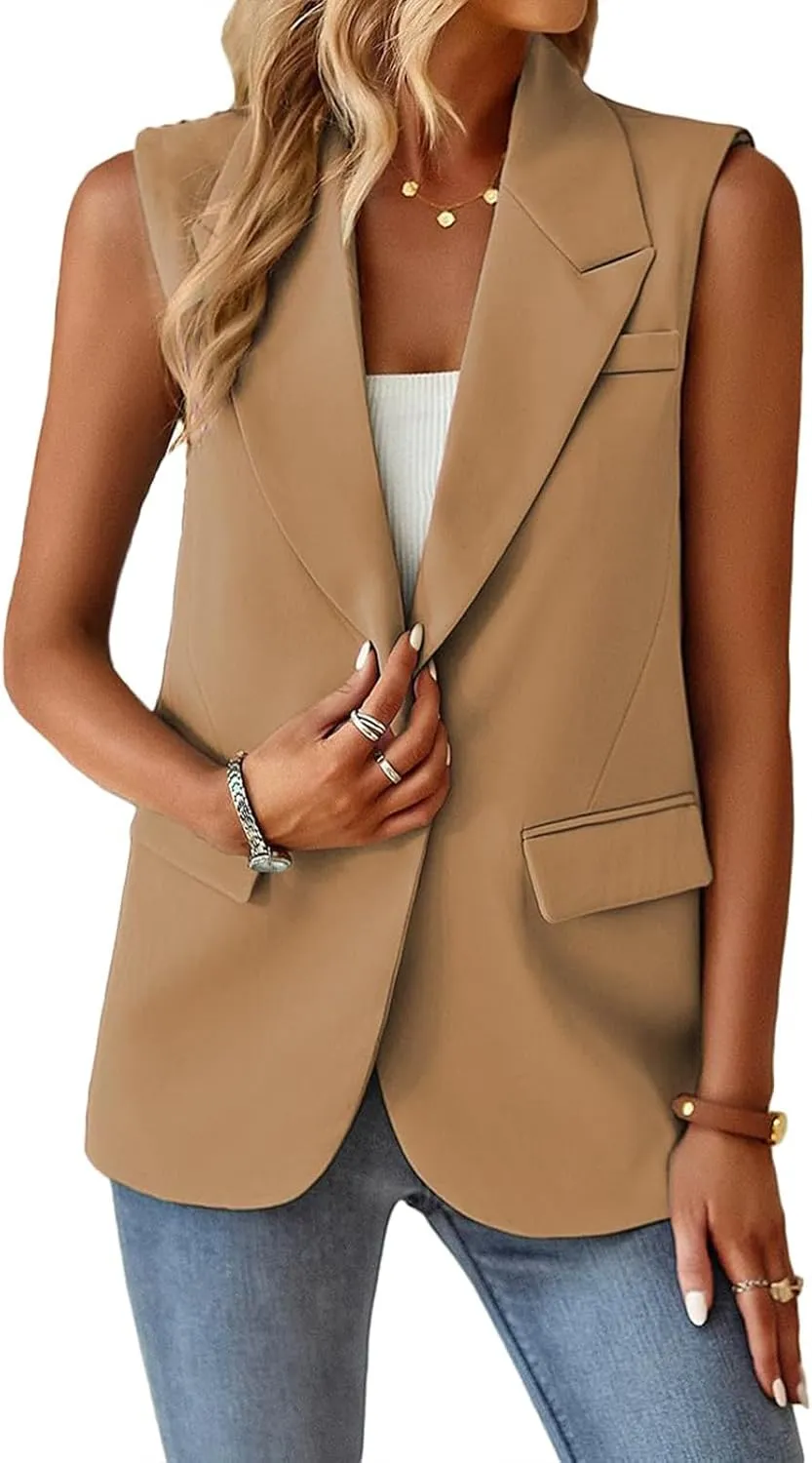 Sleeveless Blazer Vest for Women Lightweight Lapel Button Down Vest Tops Casual Office Work Blazers Cardigan Jackets
