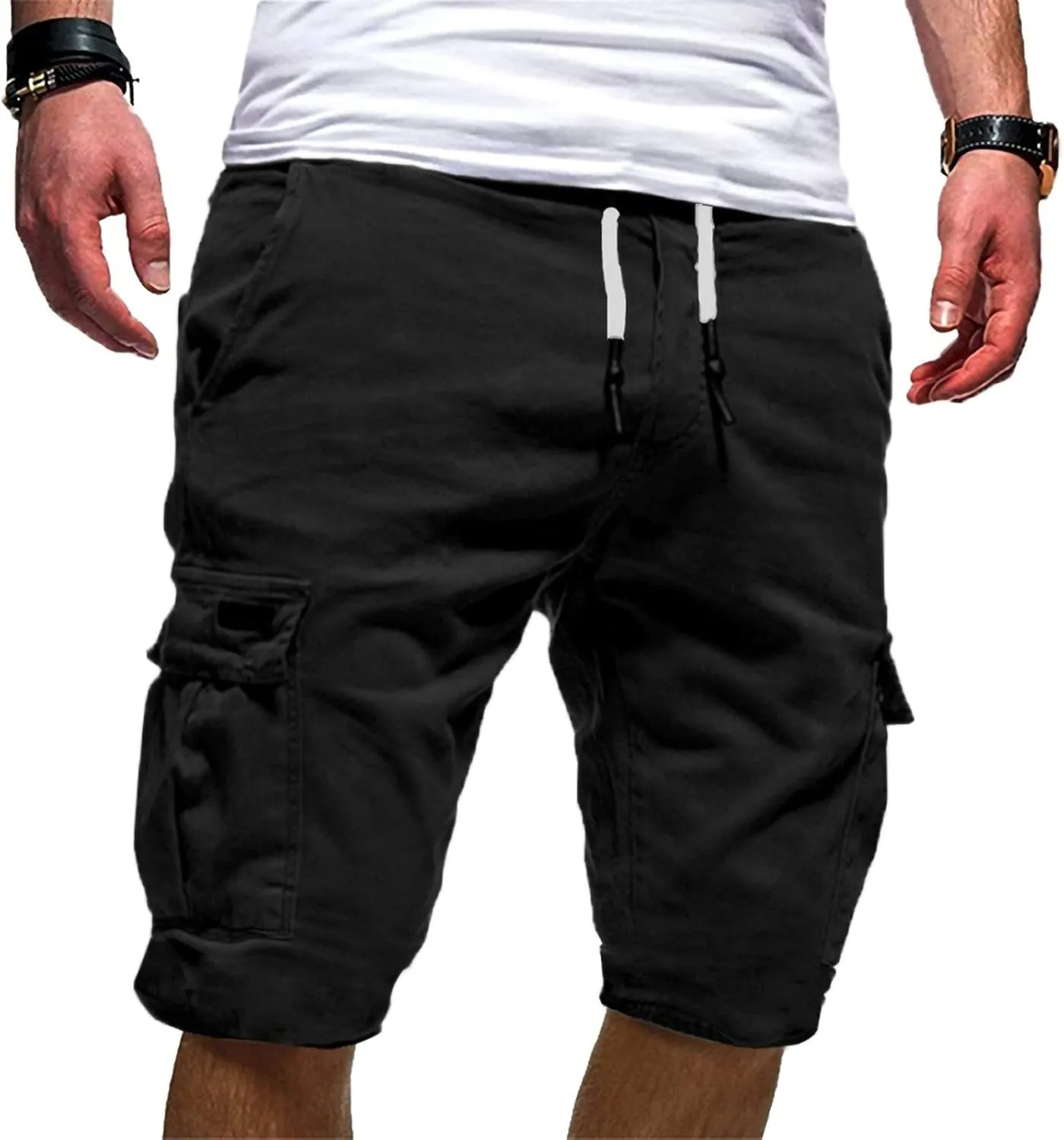 Slim Fit Sweat Shorts for Men Summer Stylish Soft Comfort Fitness Workout Shorts Muti-Pockets Drawstring Chino Shorts