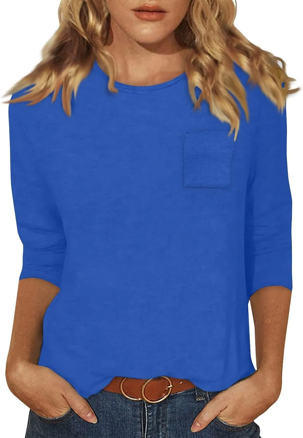 slqdgmryz 3/4 Length Sleeve Womens Tops Dressy Casual Crewneck Tshirts Shirts with Pocket Three Quarter Workout Blouses