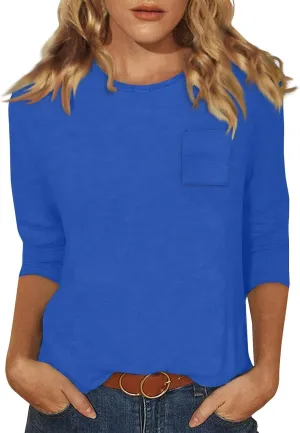 slqdgmryz 3/4 Length Sleeve Womens Tops Dressy Casual Crewneck Tshirts Shirts with Pocket Three Quarter Workout Blouses
