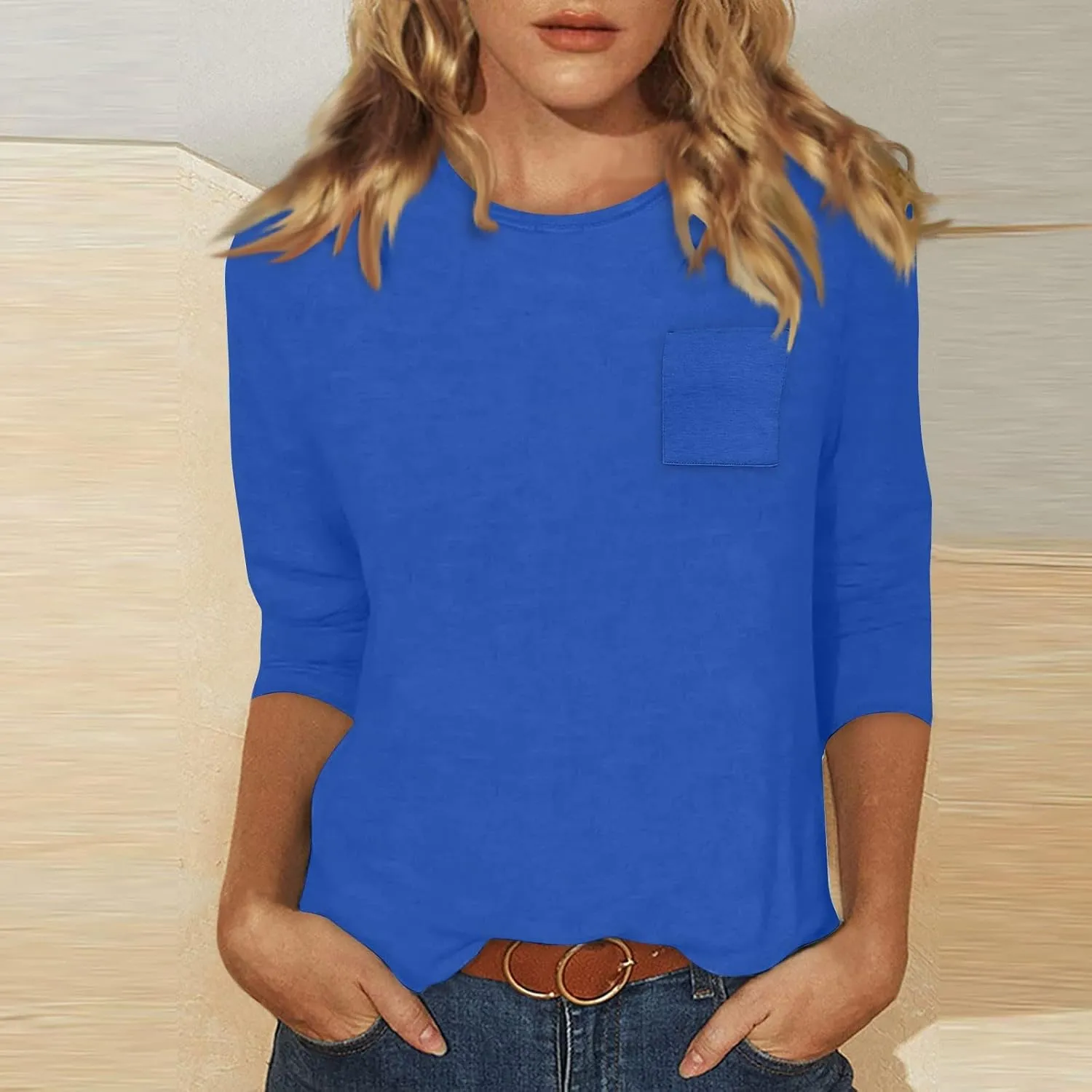 slqdgmryz 3/4 Length Sleeve Womens Tops Dressy Casual Crewneck Tshirts Shirts with Pocket Three Quarter Workout Blouses