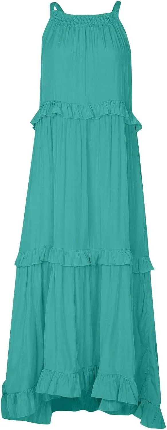 Smocked Halter Maxi Dress for Women Elegant Loose Flowy Tiered Ruffle Dress Summer Swing Tie Back Beach Dresses