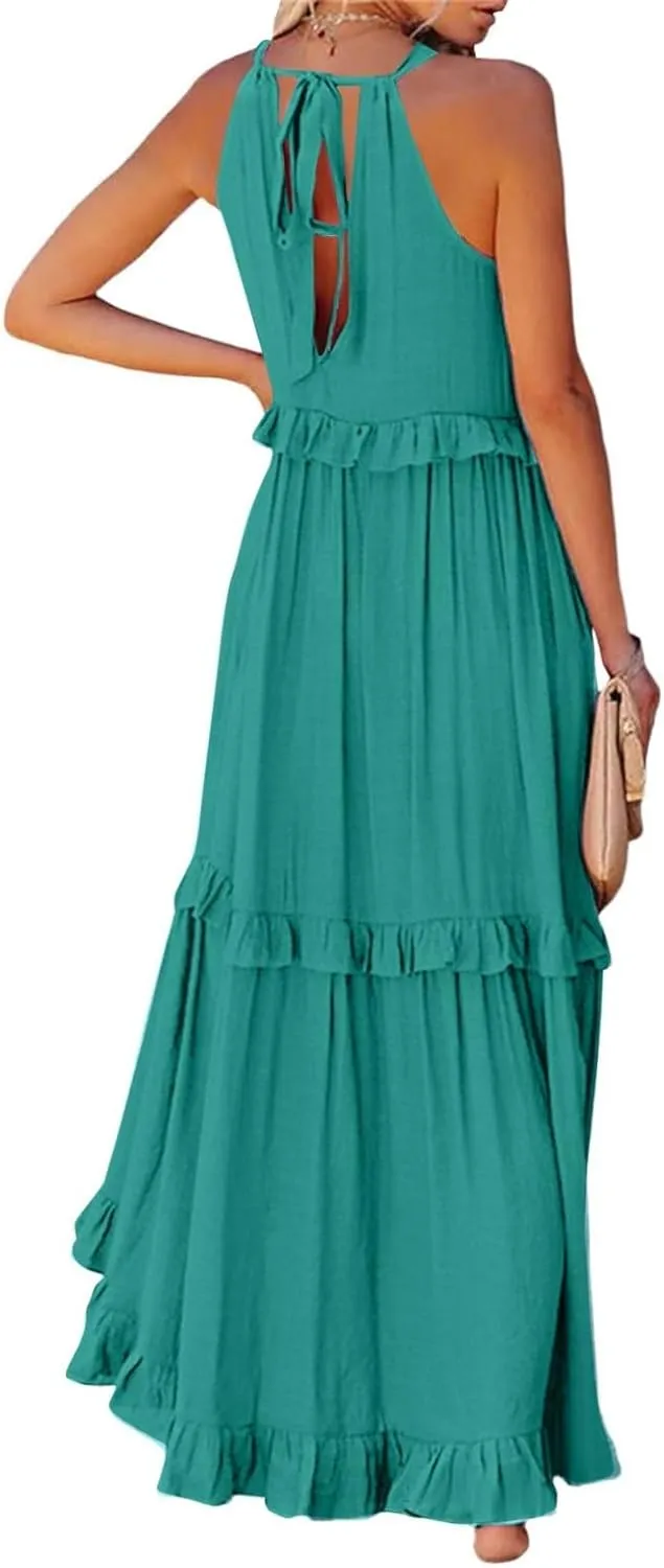 Smocked Halter Maxi Dress for Women Elegant Loose Flowy Tiered Ruffle Dress Summer Swing Tie Back Beach Dresses