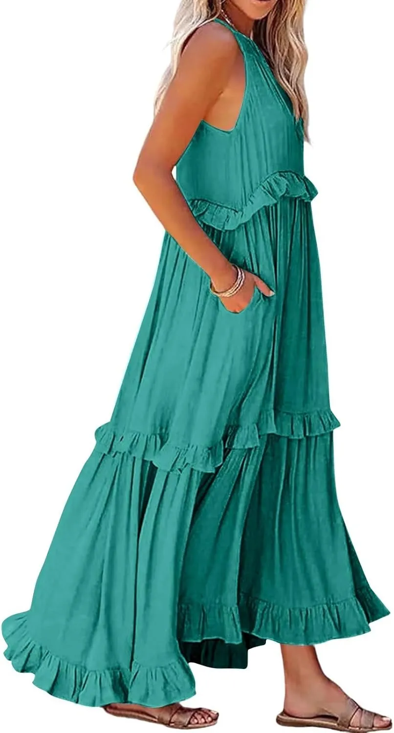 Smocked Halter Maxi Dress for Women Elegant Loose Flowy Tiered Ruffle Dress Summer Swing Tie Back Beach Dresses