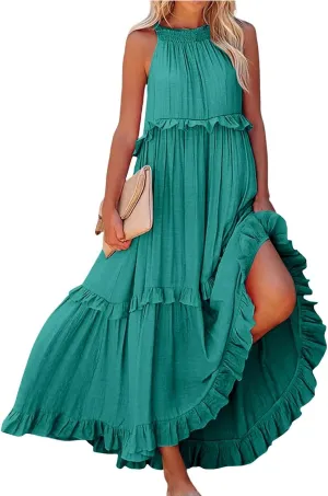 Smocked Halter Maxi Dress for Women Elegant Loose Flowy Tiered Ruffle Dress Summer Swing Tie Back Beach Dresses