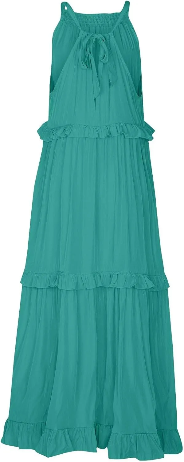Smocked Halter Maxi Dress for Women Elegant Loose Flowy Tiered Ruffle Dress Summer Swing Tie Back Beach Dresses