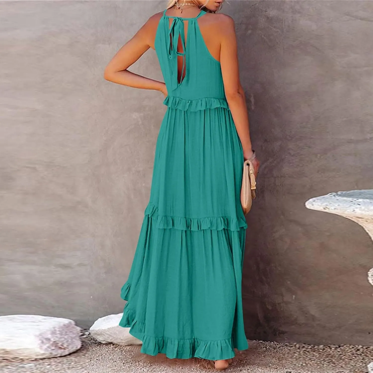 Smocked Halter Maxi Dress for Women Elegant Loose Flowy Tiered Ruffle Dress Summer Swing Tie Back Beach Dresses