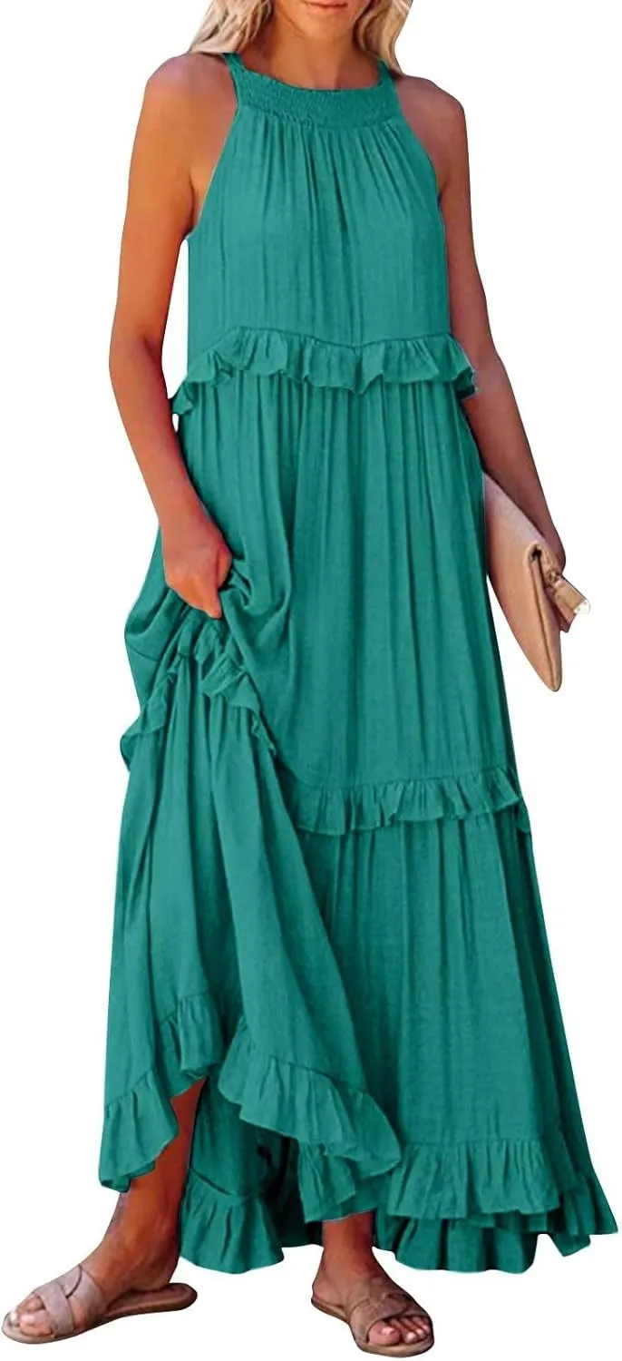 Smocked Halter Maxi Dress for Women Elegant Loose Flowy Tiered Ruffle Dress Summer Swing Tie Back Beach Dresses