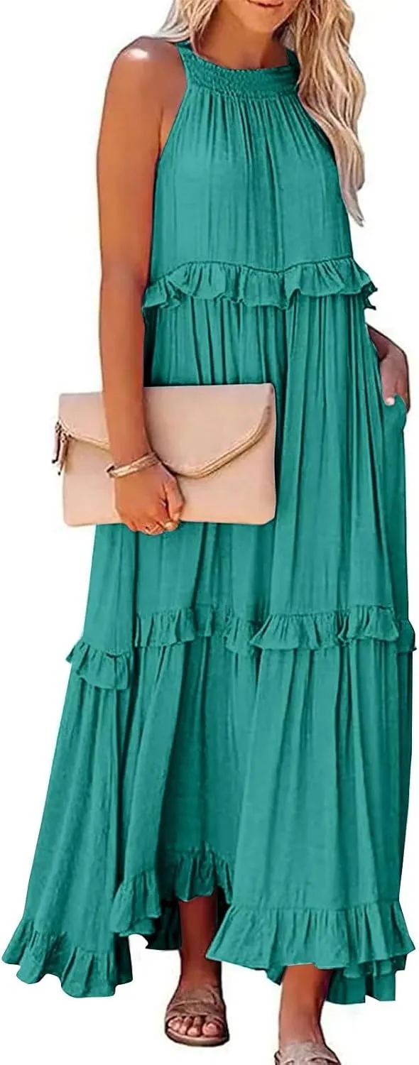 Smocked Halter Maxi Dress for Women Elegant Loose Flowy Tiered Ruffle Dress Summer Swing Tie Back Beach Dresses
