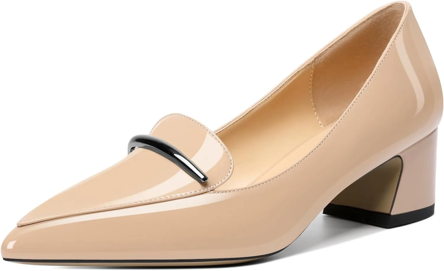 Soireelady Womens Block Heel Low Chunky Heels, Pointed Toe Loafer Heels Slip On Dress Shoes 2''