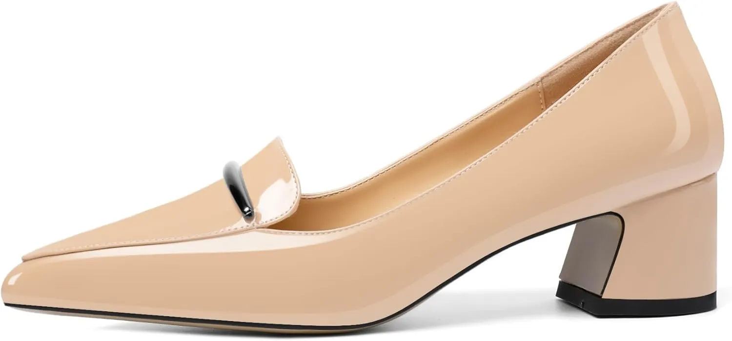 Soireelady Womens Block Heel Low Chunky Heels, Pointed Toe Loafer Heels Slip On Dress Shoes 2''