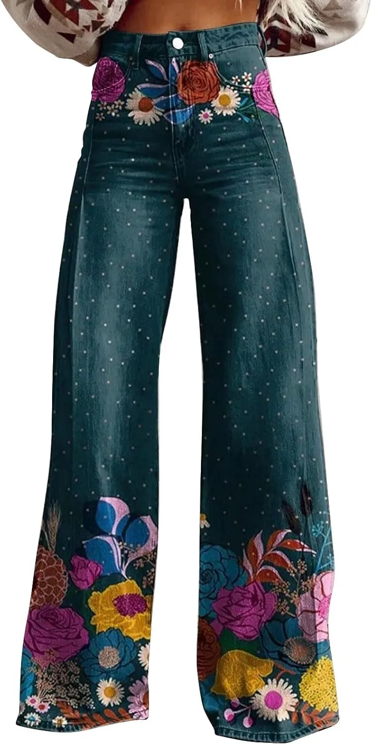 Straight Loose Cargo Pants Women High Waist Casual Trendy Wide Leg Trousers Vintage Print Pants Halloween Hippie Pants
